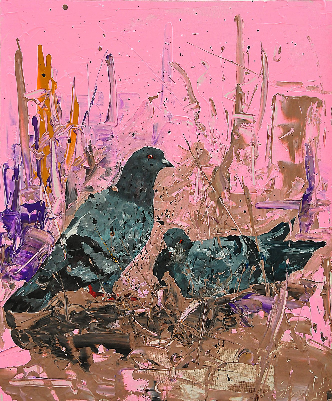 Two pigeons side by side on a pink ground, with vertical purple, ochre and brown strokes behind them.