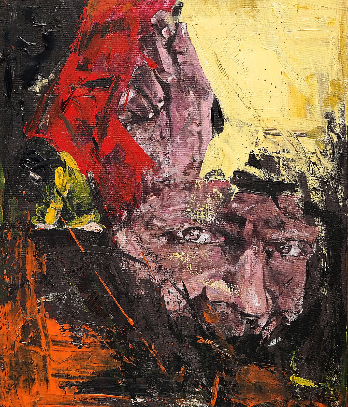 Close-up of a woman's face in a red headscarf, one hand at her forehead, her eyes on the viewer; yellow, black and orange strokes around her.
