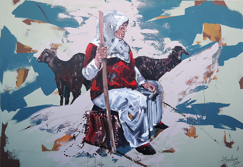 An old woman in a headscarf and red waistcoat sits holding a staff between two dark goats, against broad blue, white and ochre brushstrokes.