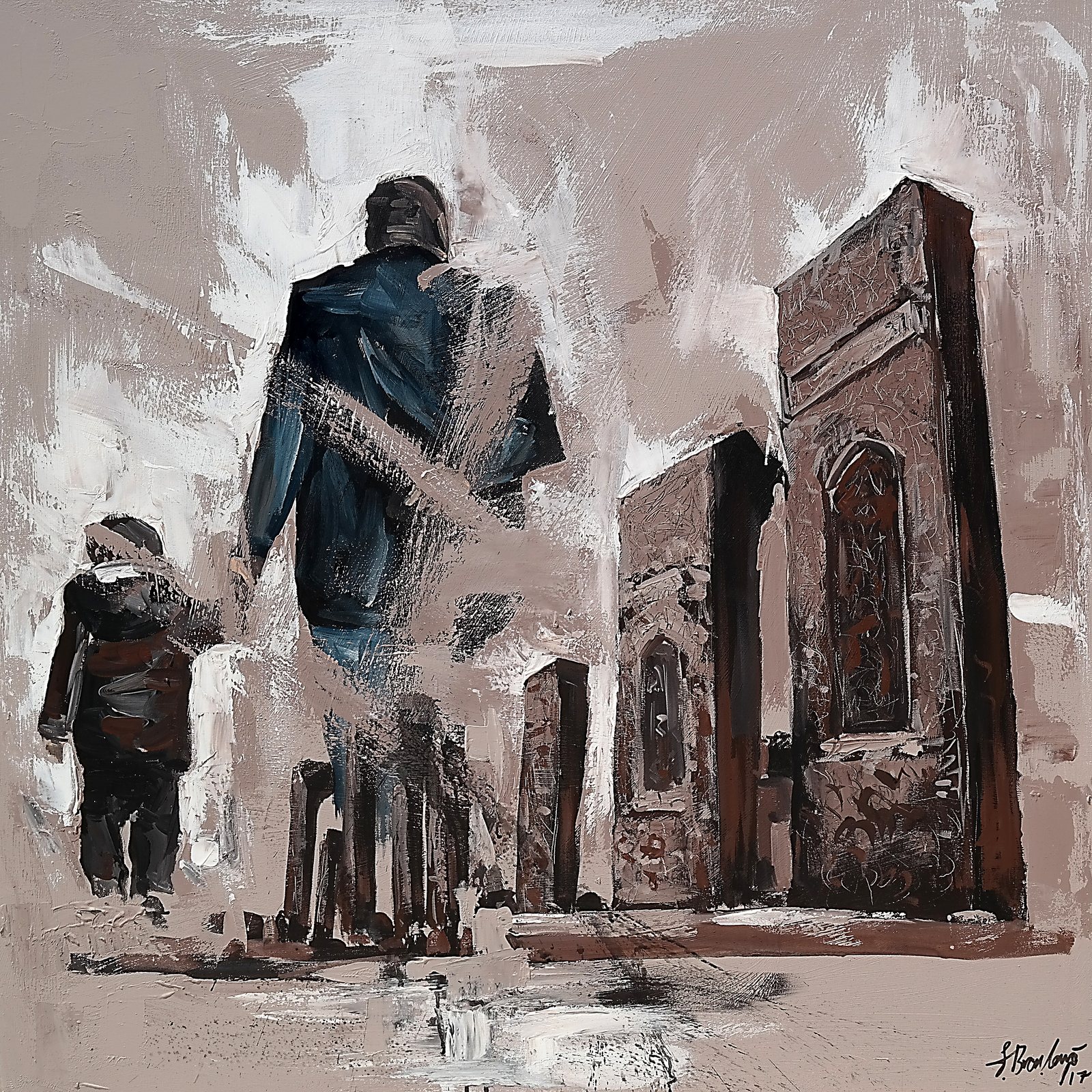 A man in a dark blue coat and a small child walk away from the viewer towards tall carved stone monuments; grey, brown and white tones.