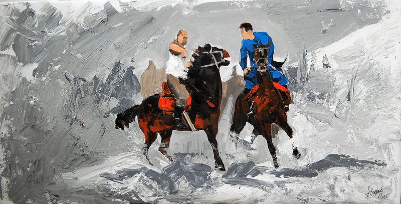 Two riders at full gallop reach towards each other on a grey and white ground, one in a white shirt, the other in blue.