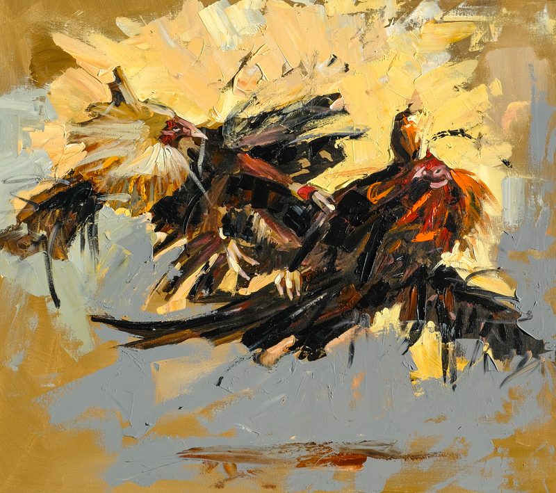 Two cockerels attacking each other with wings spread, on a yellow and grey ground; dark brown and russet strokes.