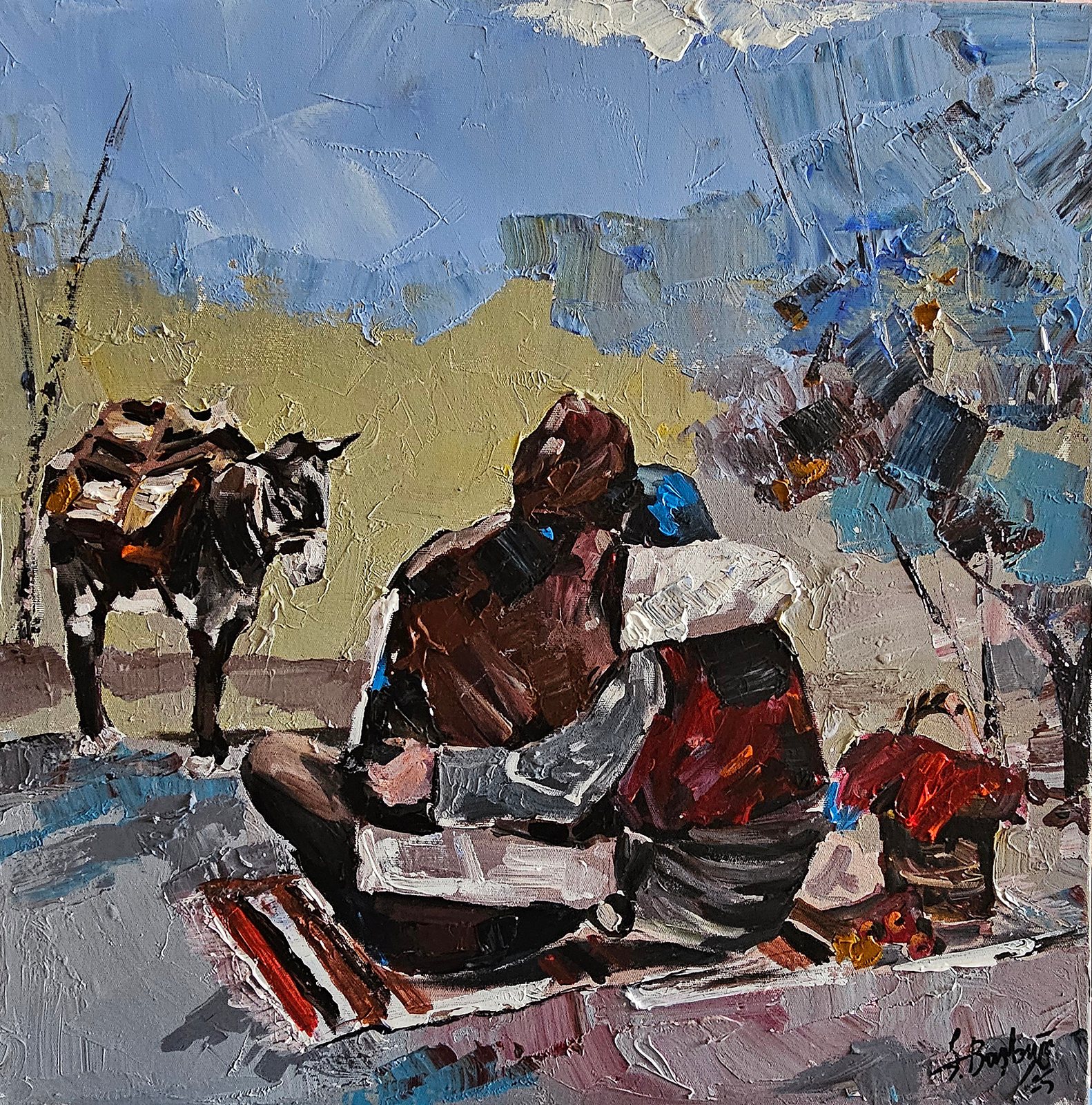 Two people sitting on a striped kilim embrace; a laden donkey stands on the left and a tree on the right, under a blue sky above a yellow field.