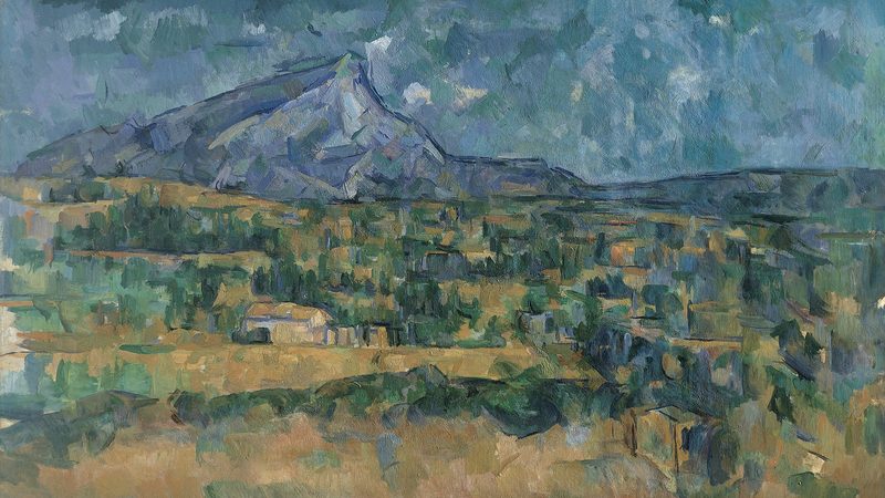 Paul Cézanne'ın Mont Sainte-Victoire'ı (y. 1902–06, Metropolitan Museum of Art): mavi ve mor tonlarda dağ; önünde yeşil, okra ve mavi fırça lekeleriyle kurulmuş bir ova, ağaç kümeleri ve tek tük evler.